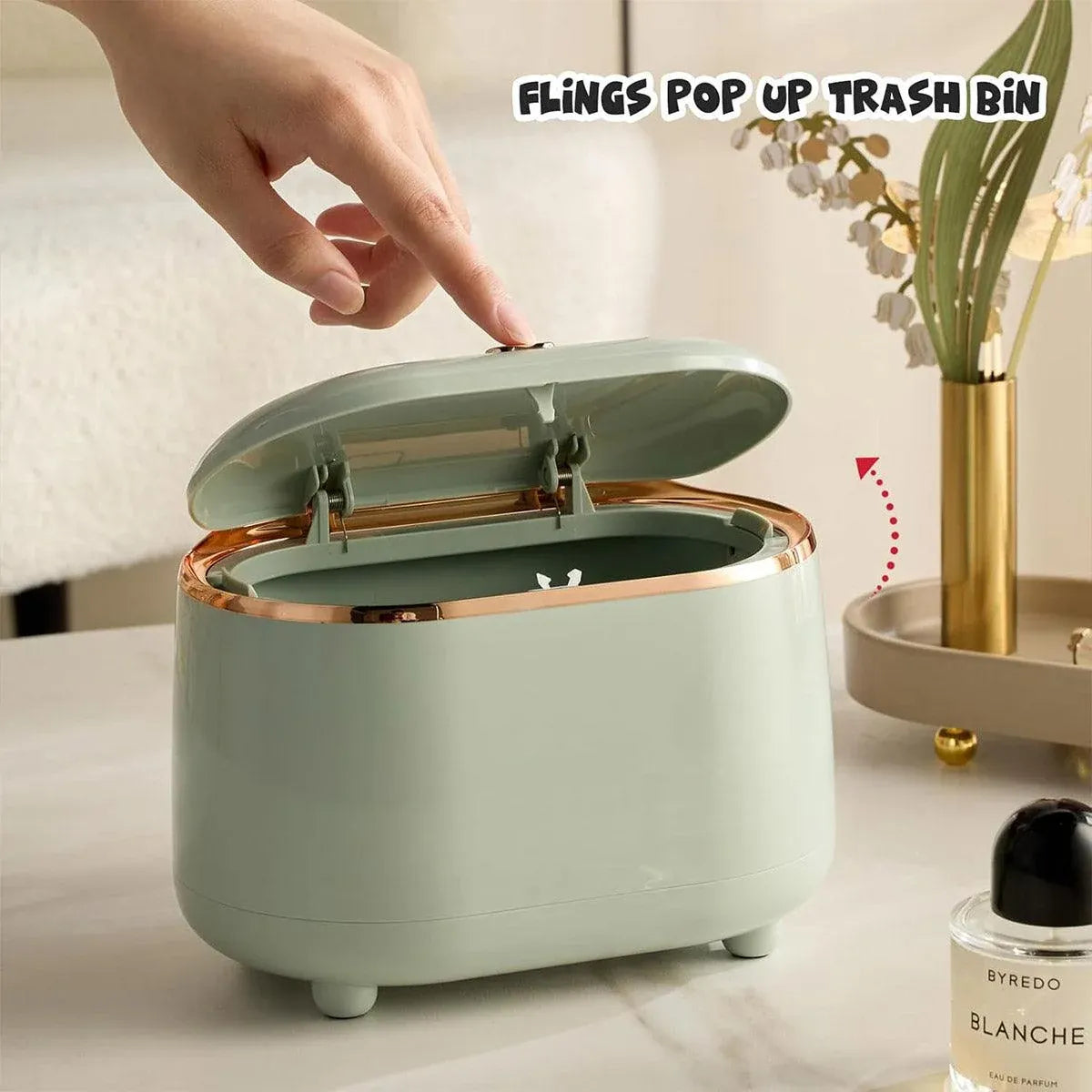 Small Desktop Trash Can Oval Pop Up Lid Rubbish Bin Waste Organizer Container - Beige