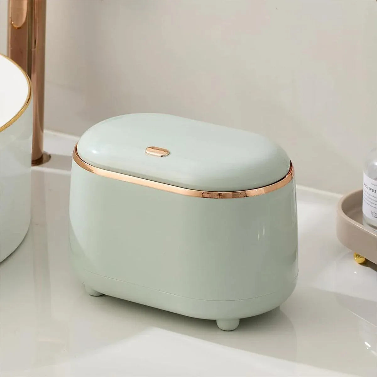 Small Desktop Trash Can Oval Pop Up Lid Rubbish Bin Waste Organizer Container - Beige