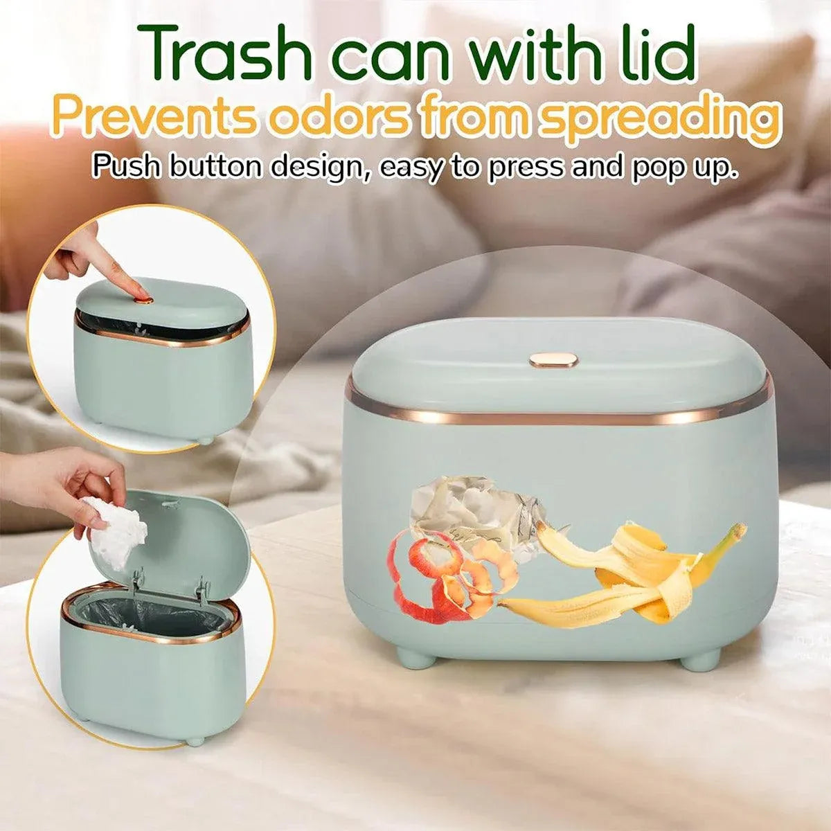 Small Desktop Trash Can Oval Pop Up Lid Rubbish Bin Waste Organizer Container - Green