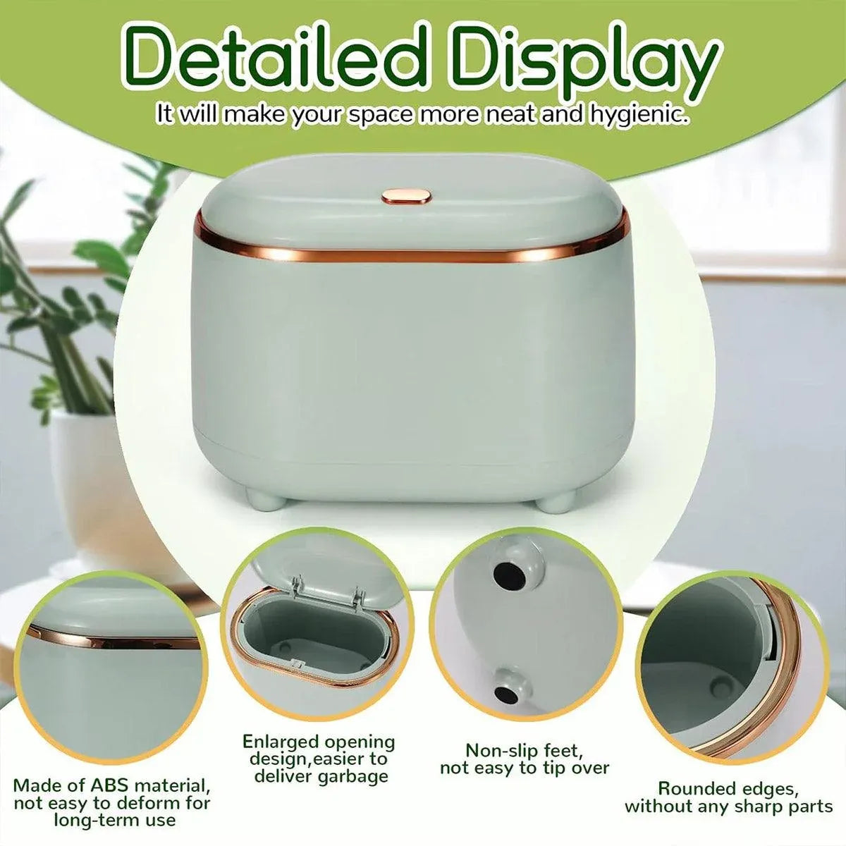 Small Desktop Trash Can Oval Pop Up Lid Rubbish Bin Waste Organizer Container - Green