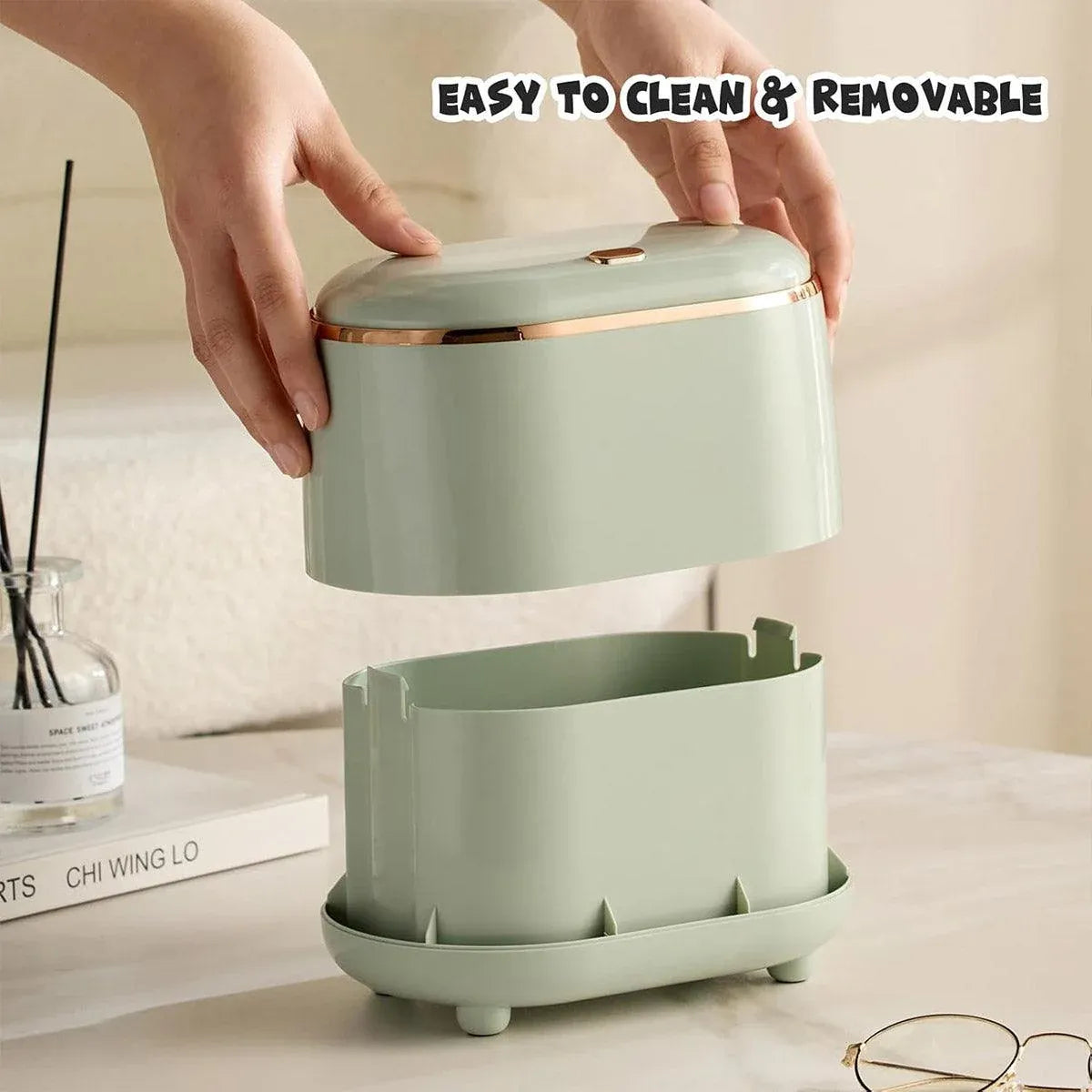 Small Desktop Trash Can Oval Pop Up Lid Rubbish Bin Waste Organizer Container - Green