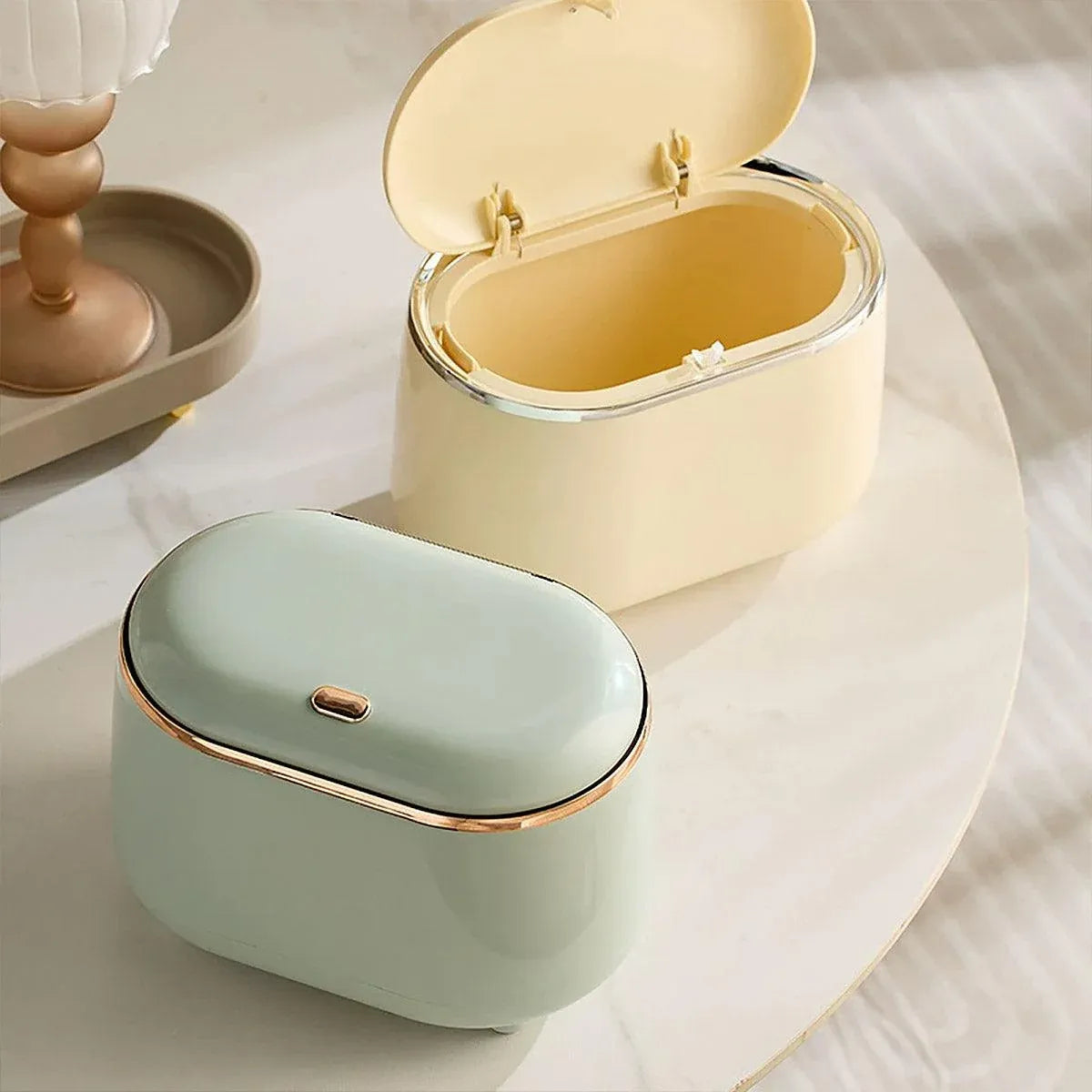 Small Desktop Trash Can Oval Pop Up Lid Rubbish Bin Waste Organizer Container - Green