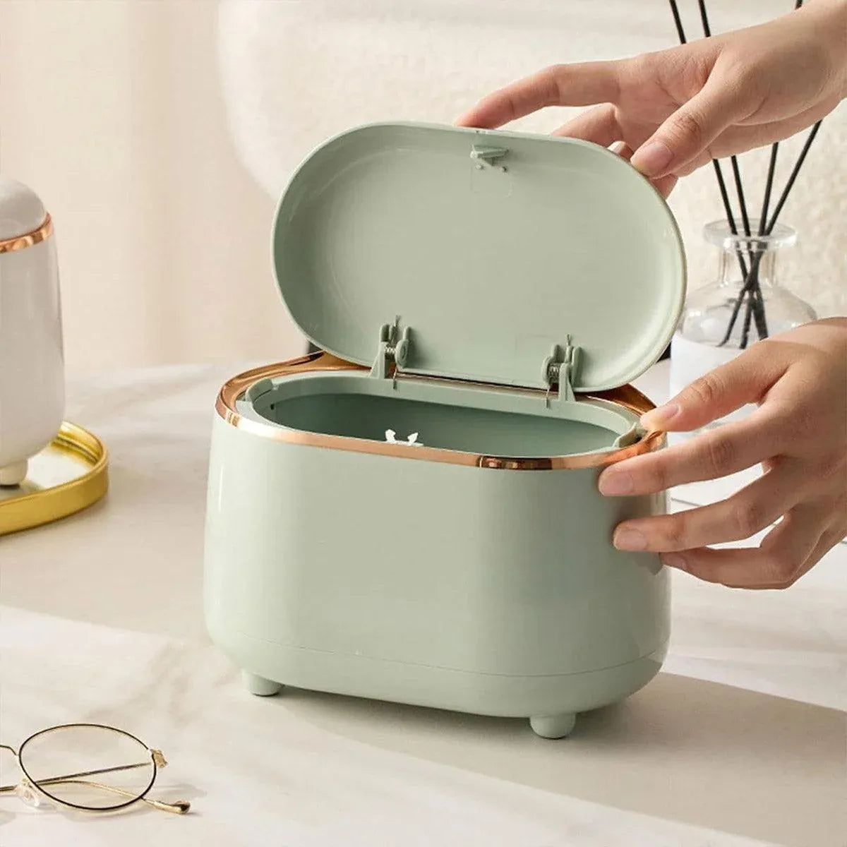 Small Desktop Trash Can Oval Pop Up Lid Rubbish Bin Waste Organizer Container - Green