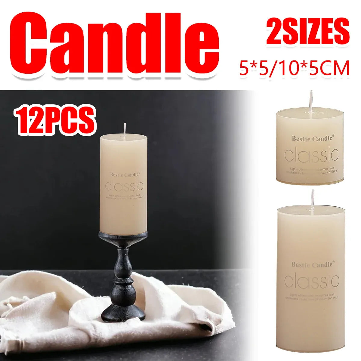 12pcs White Cylindrical Pillar Candles For Wedding Decor Long Burning Unscented - 5x10cm