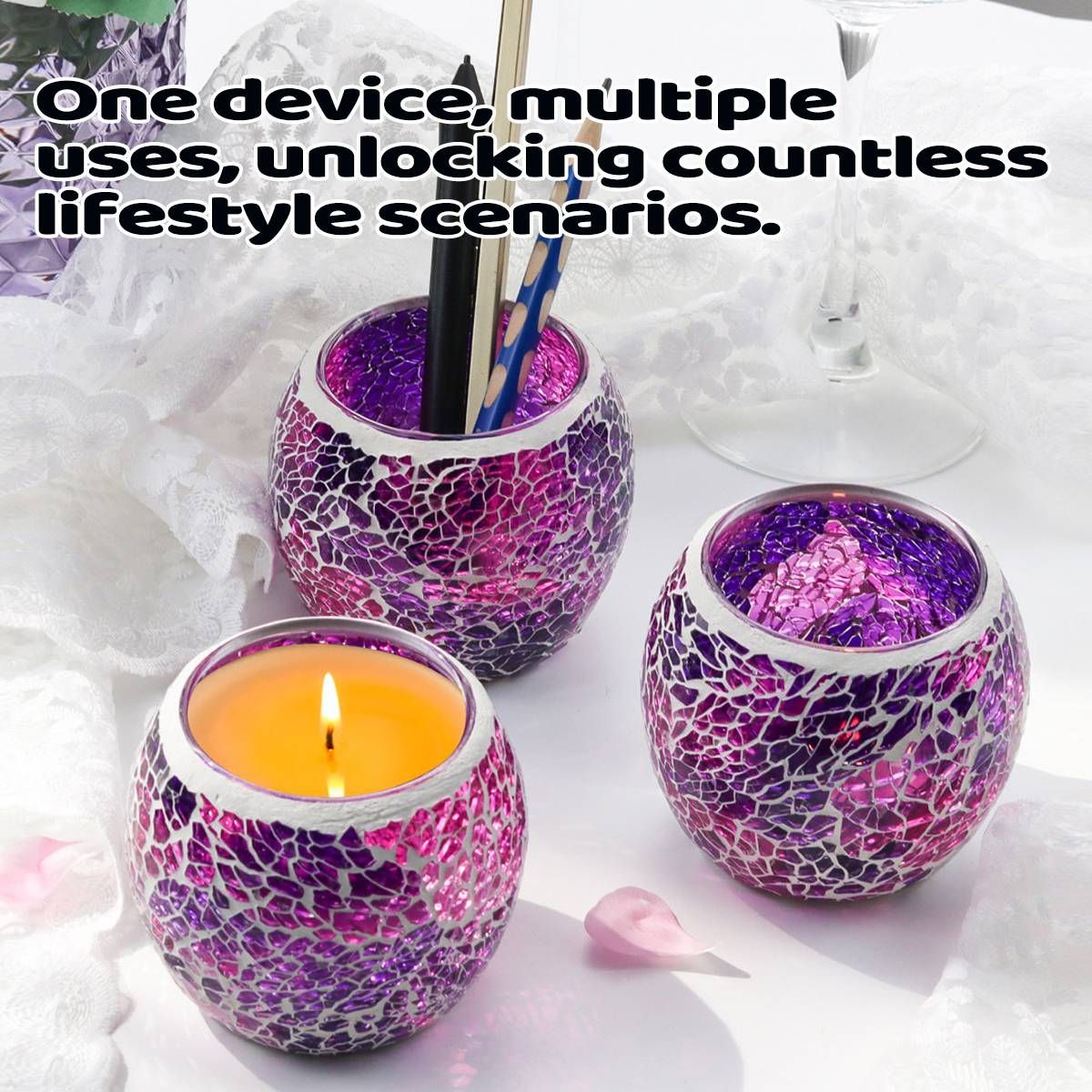 2Pcs Fashion European Glass Mosaic Candle Cups Decorative Tabletop Home Decor - Green
