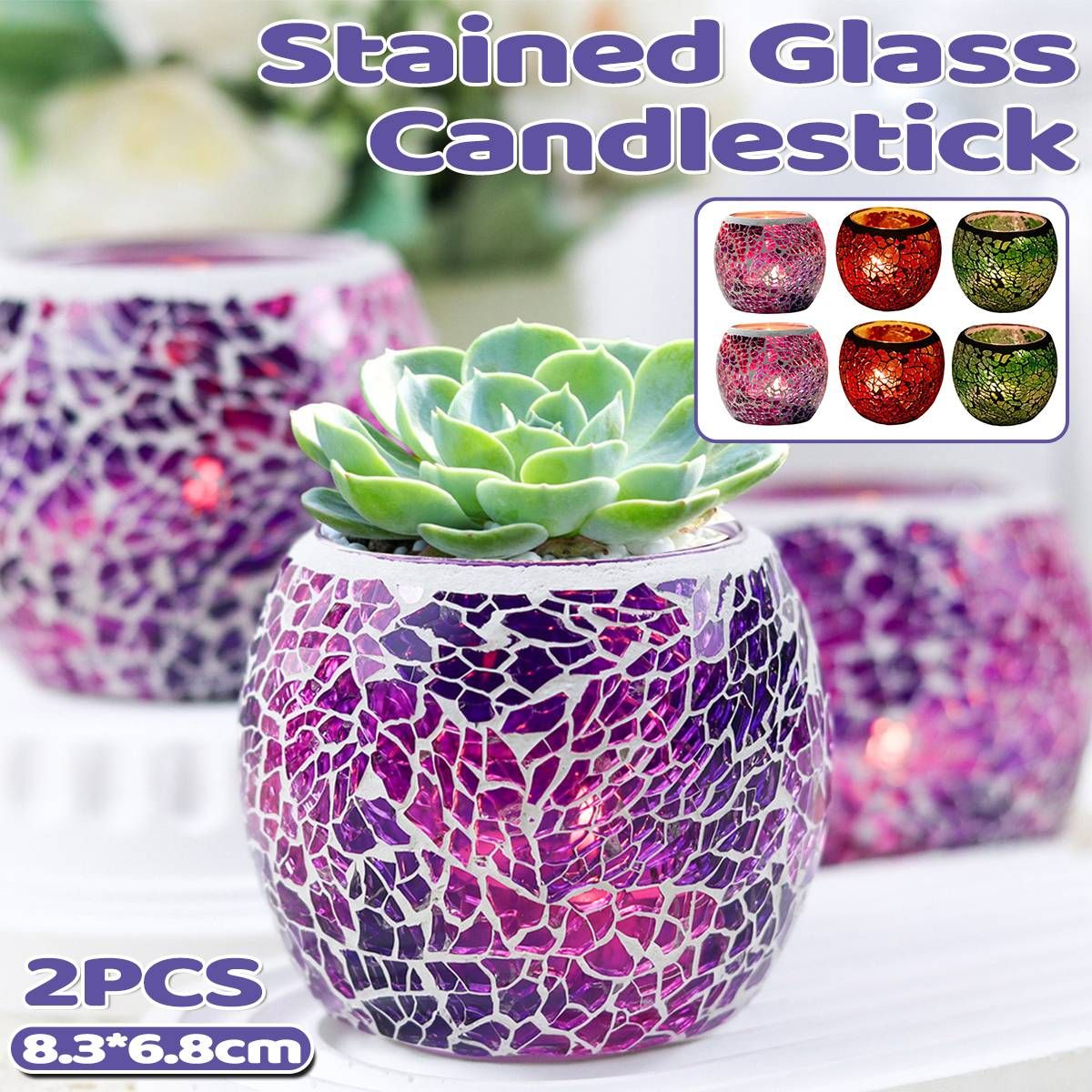 2Pcs Fashion European Glass Mosaic Candle Cups Decorative Tabletop Home Decor - Red