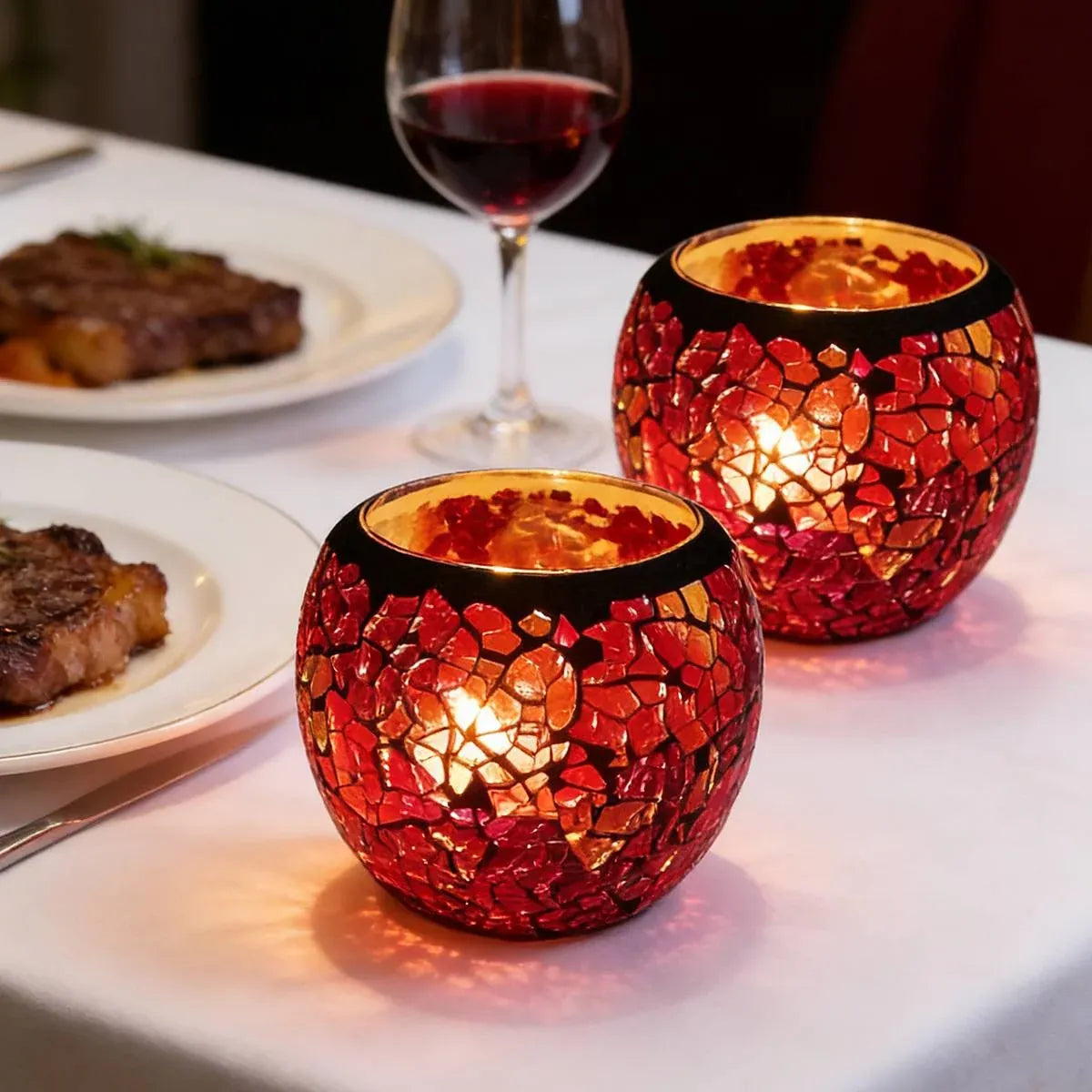 2Pcs Fashion European Glass Mosaic Candle Cups Decorative Tabletop Home Decor - Red