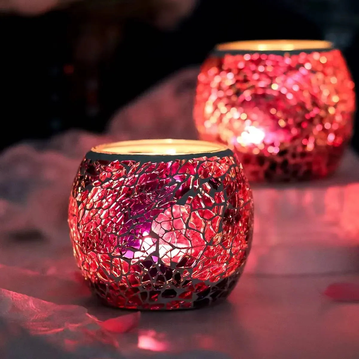 2Pcs Fashion European Glass Mosaic Candle Cups Decorative Tabletop Home Decor - Red