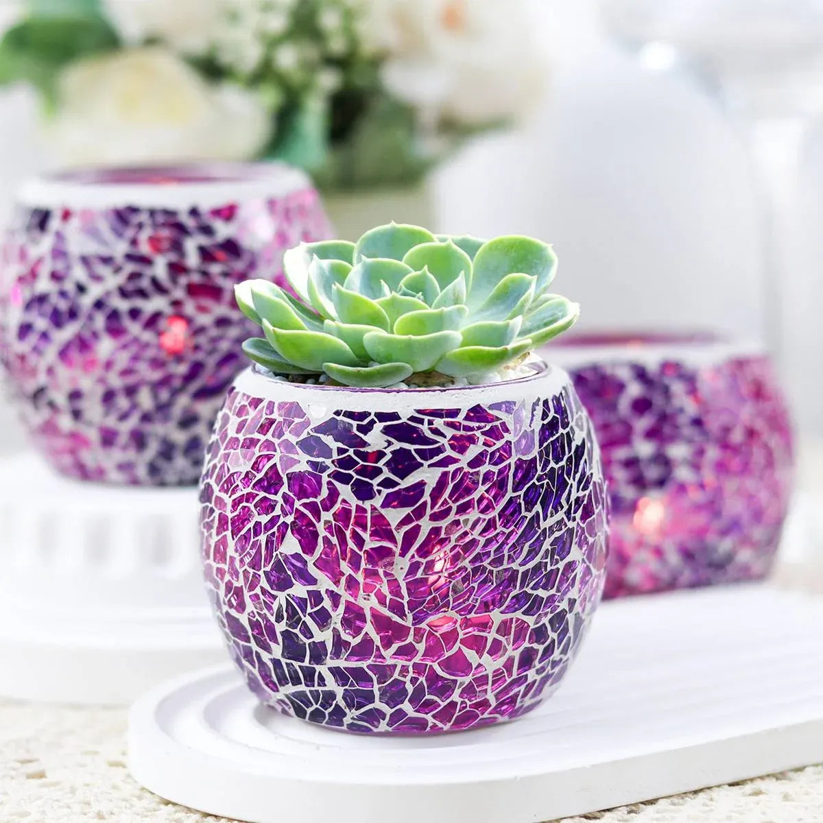 2Pcs Fashion European Glass Mosaic Candle Cups Decorative Tabletop Home Decor - Red