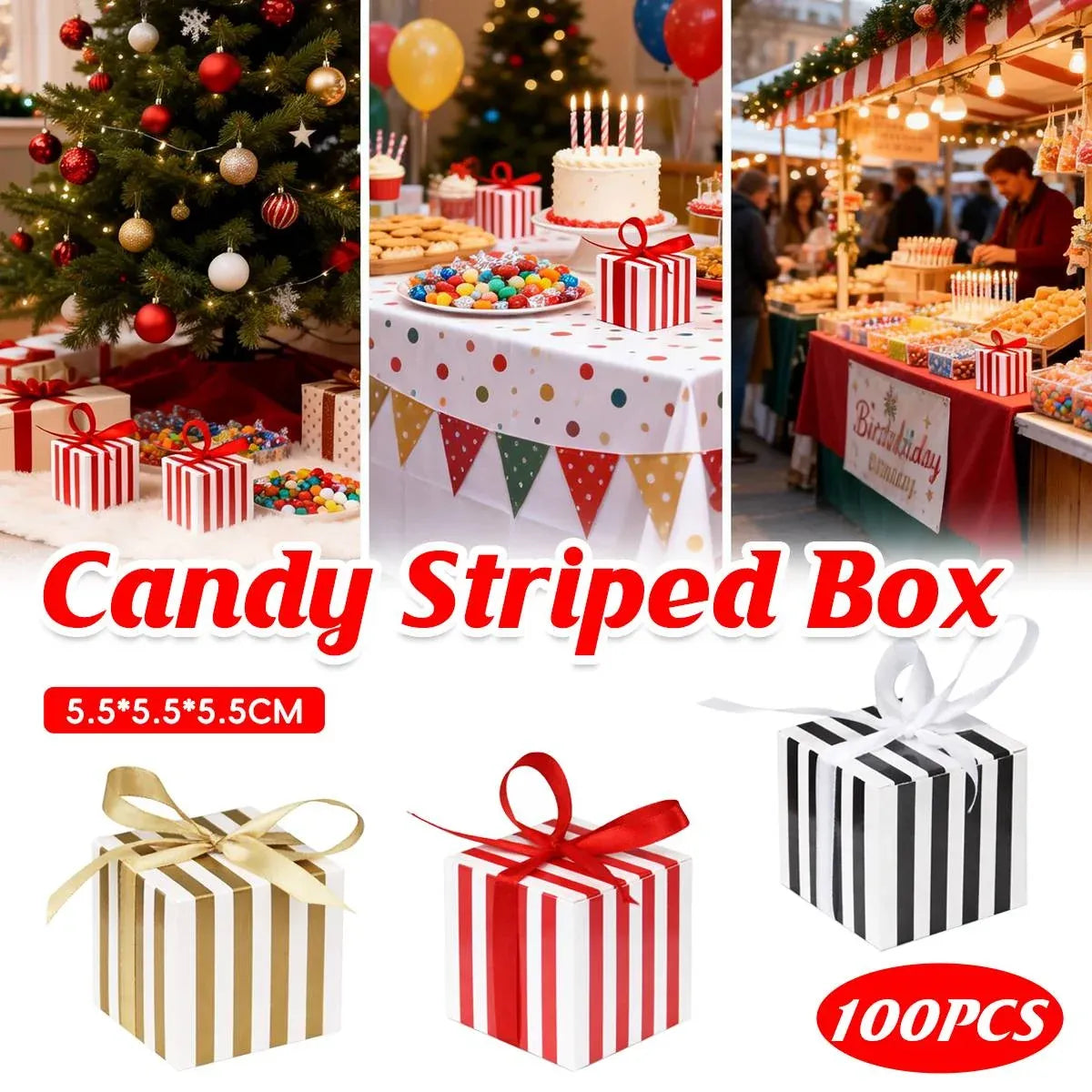 100Pcs Square Favour Boxes with Ribbon Wedding Birthday Party Decorative Gift Box - Black