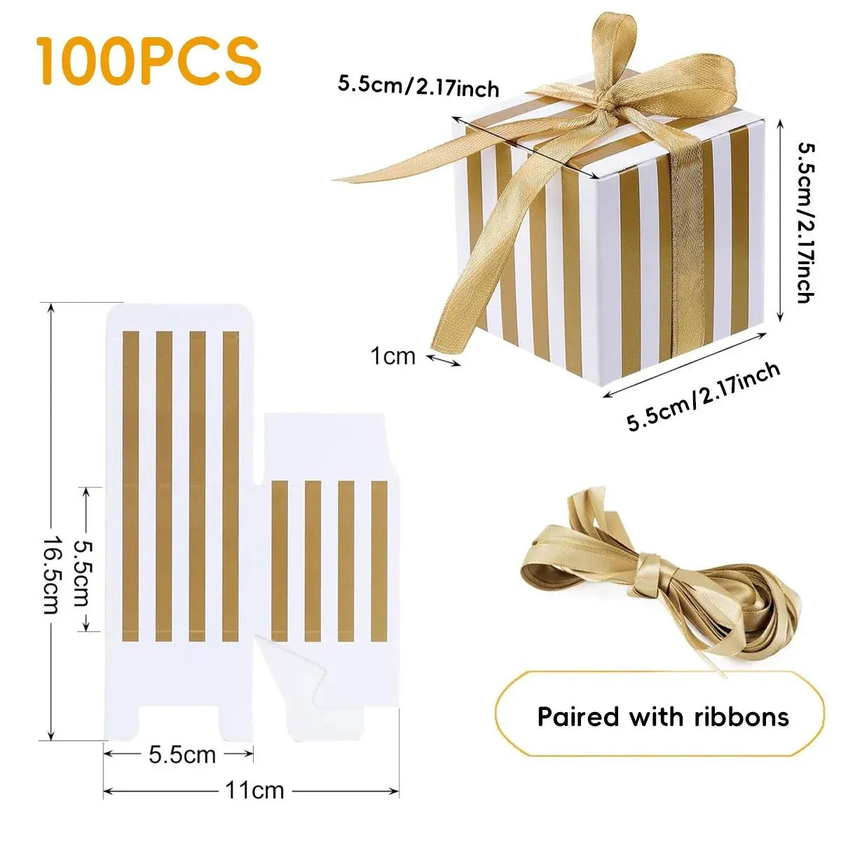 100Pcs Square Favour Boxes with Ribbon Wedding Birthday Party Decorative Gift Box - Gold