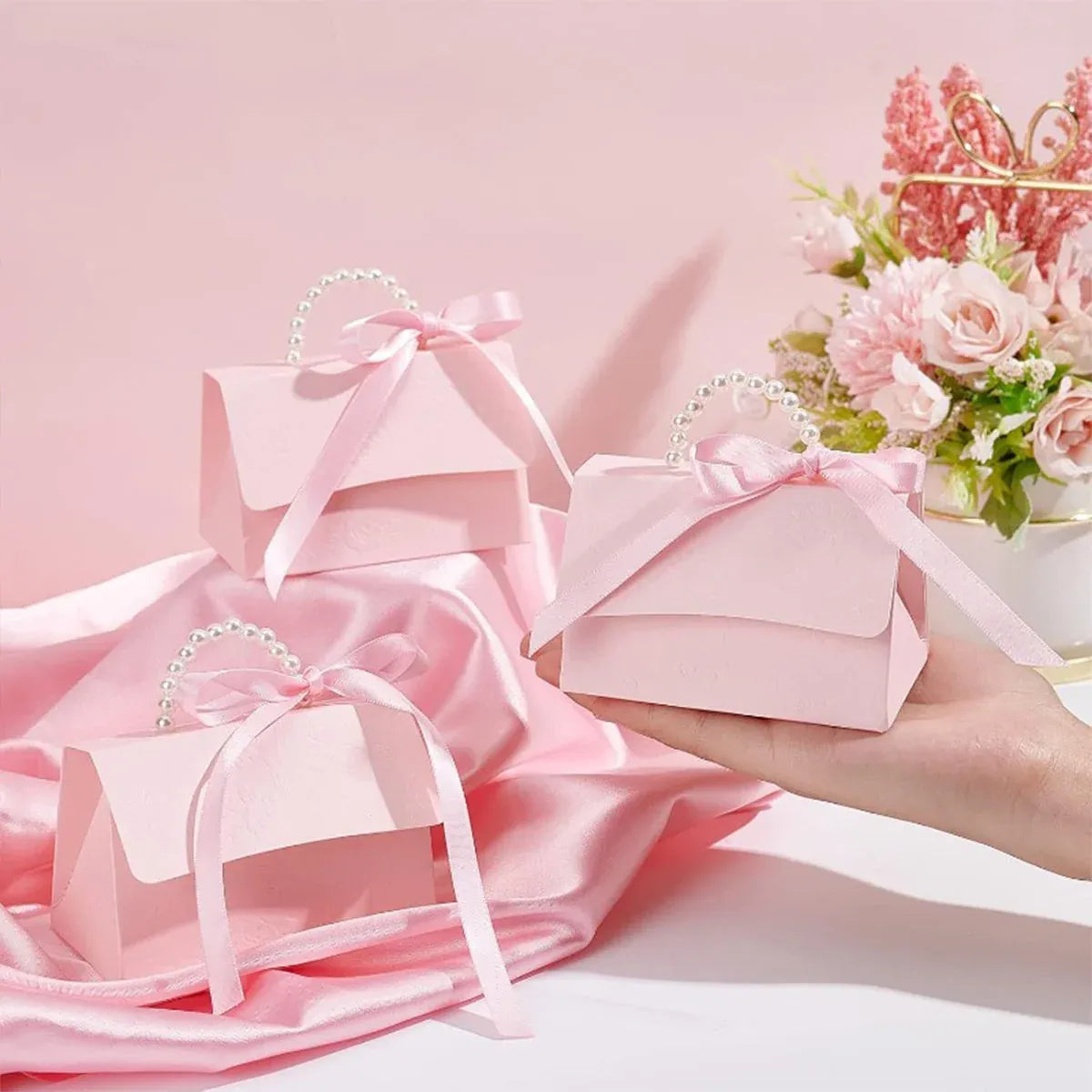 20pcs Pink Pearl Handle Gift Box Set Wedding Favour Candy Party Packaging - S