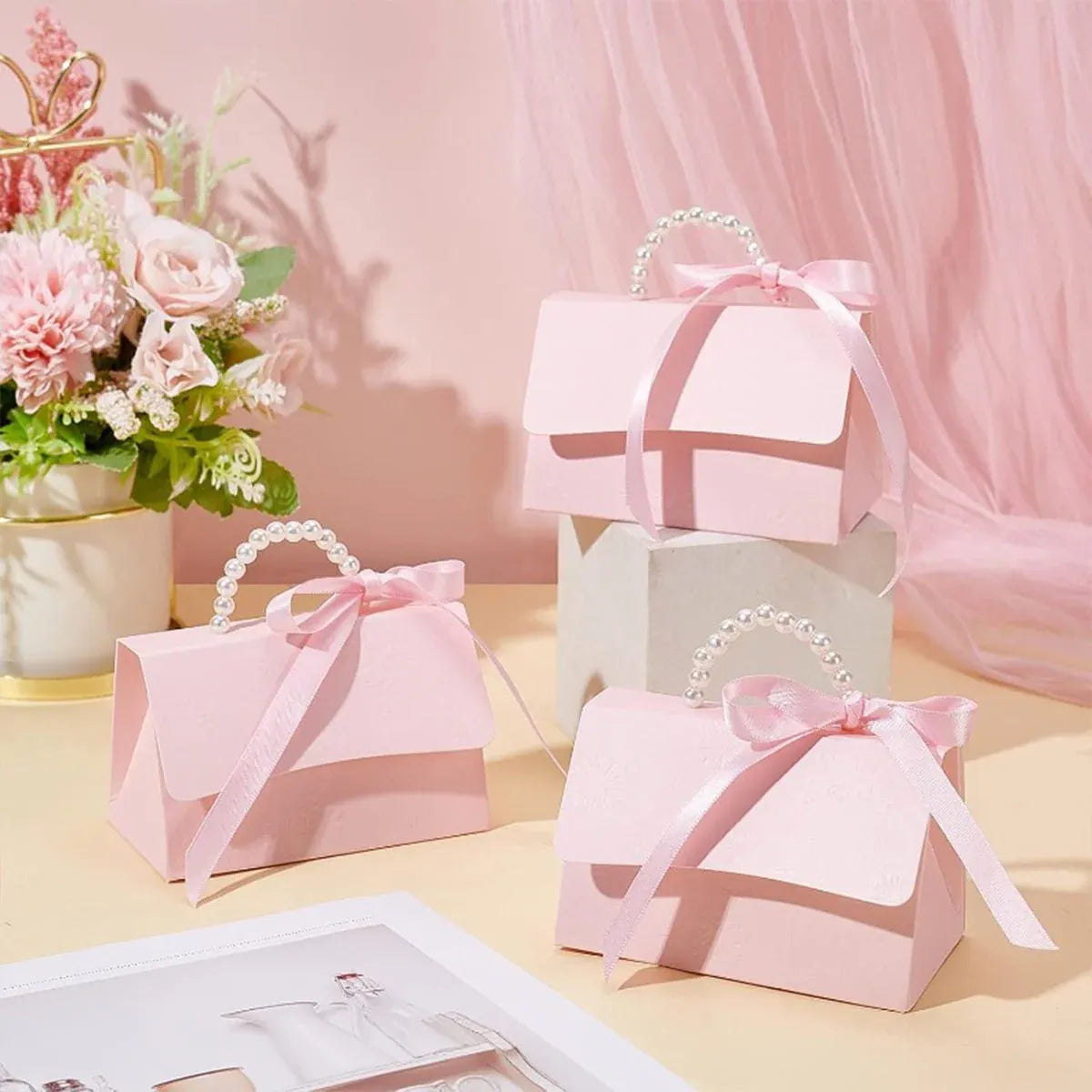 20pcs Pink Pearl Handle Gift Box Set Wedding Favour Candy Party Packaging - S