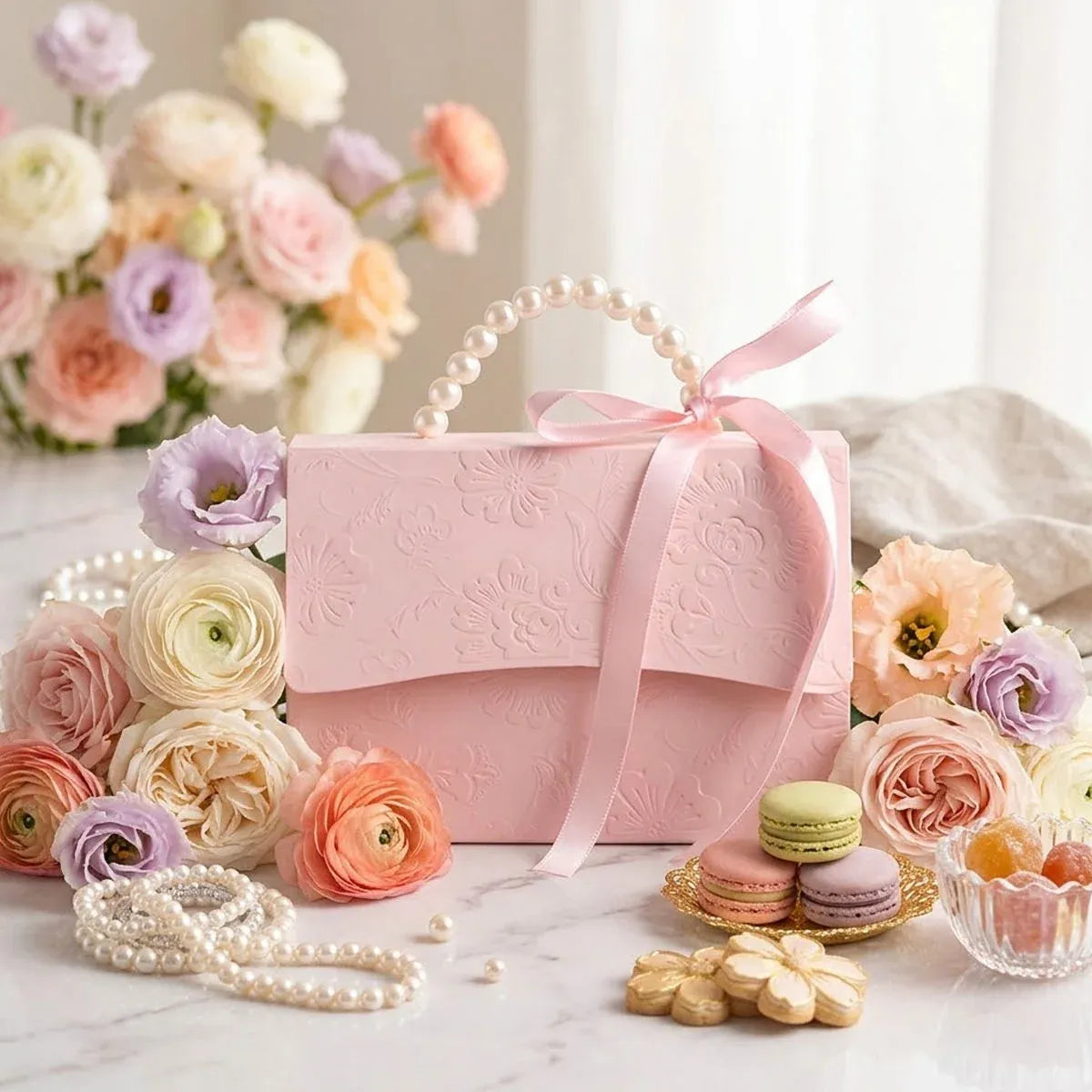 20pcs Pink Pearl Handle Gift Box Set Wedding Favour Candy Party Packaging - S