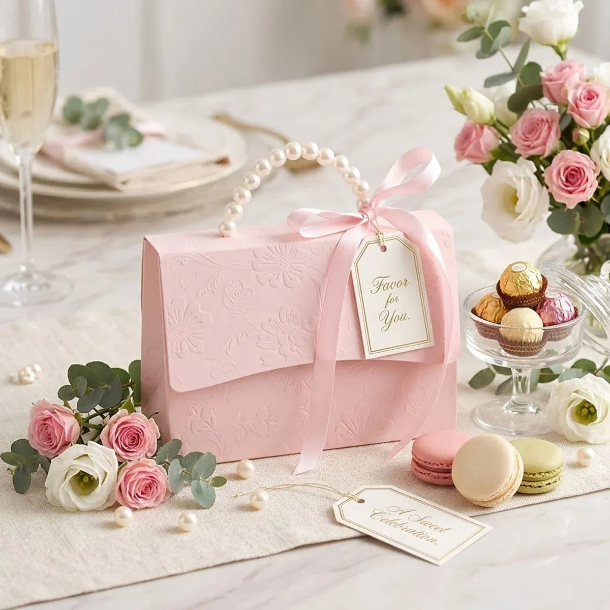 20pcs Pink Pearl Handle Gift Box Set Wedding Favour Candy Party Packaging - S