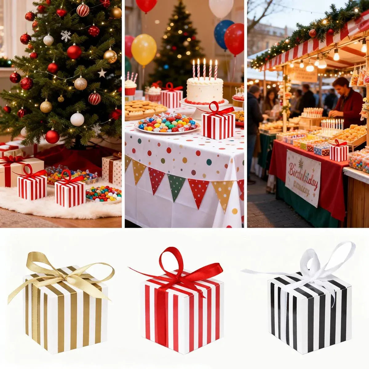 100Pcs Square Favour Boxes with Ribbon Wedding Birthday Party Decorative Gift Box - Red