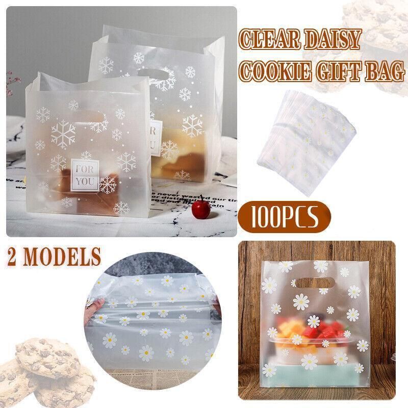 100Pcs Clear Daisy Cookie Bags with Handle - Party Candy Packaging - Daisy