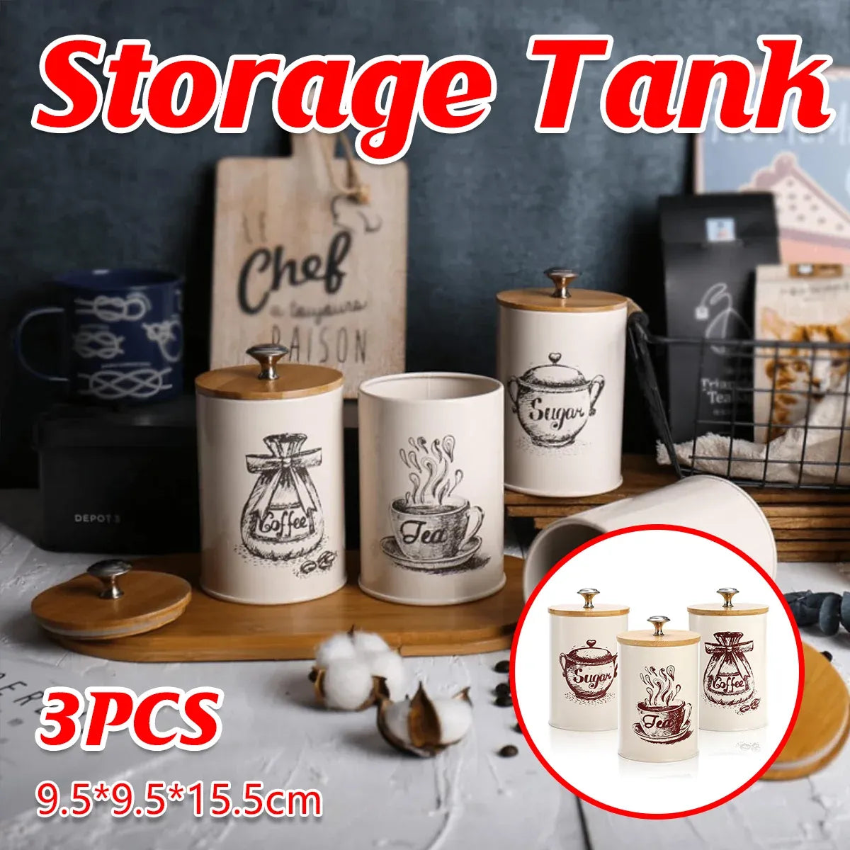 3PCS Bamboo Lid Sealed Storage Jar Coffee Sugar Tea Container for Home Use