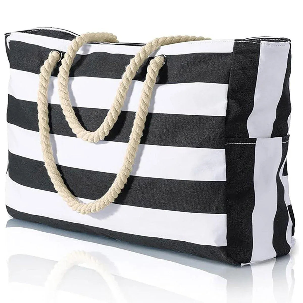 Large Bohemian Striped Canvas Beach Bag Zipper Tote for Travel Outdoor Vacation - Black