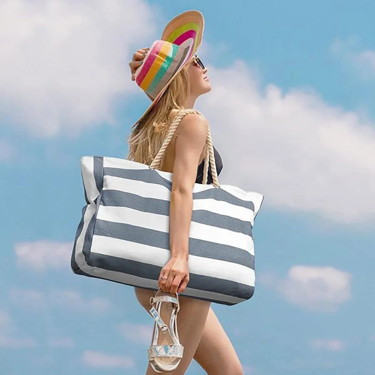 Large Bohemian Striped Canvas Beach Bag Zipper Tote for Travel Outdoor Vacation - Black