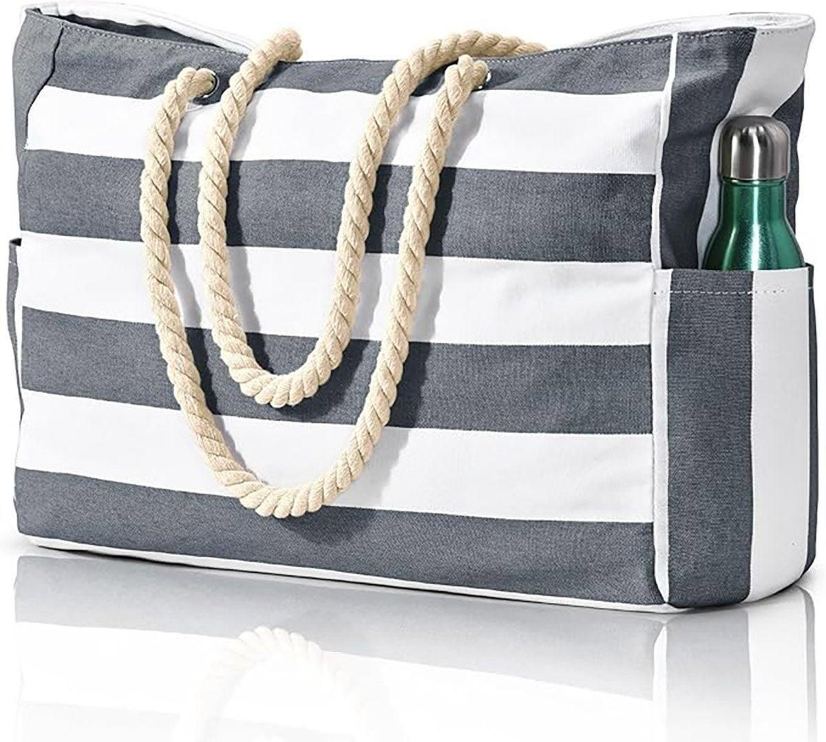 Large Bohemian Striped Canvas Beach Bag Zipper Tote for Travel Outdoor Vacation - Black