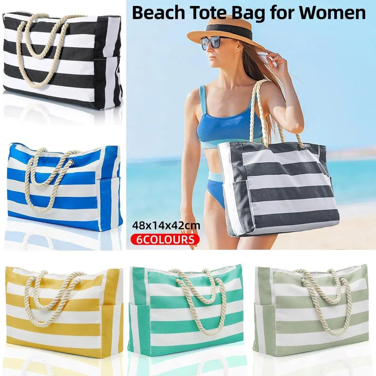 Large Bohemian Striped Canvas Beach Bag Zipper Tote for Travel Outdoor Vacation - Black