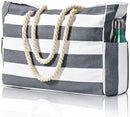 Large Bohemian Striped Canvas Beach Bag Zipper Tote for Travel Outdoor Vacation - Blue