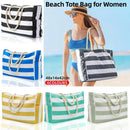 Large Bohemian Striped Canvas Beach Bag Zipper Tote for Travel Outdoor Vacation - Blue