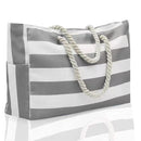 Large Bohemian Striped Canvas Beach Bag Zipper Tote for Travel Outdoor Vacation - Grey