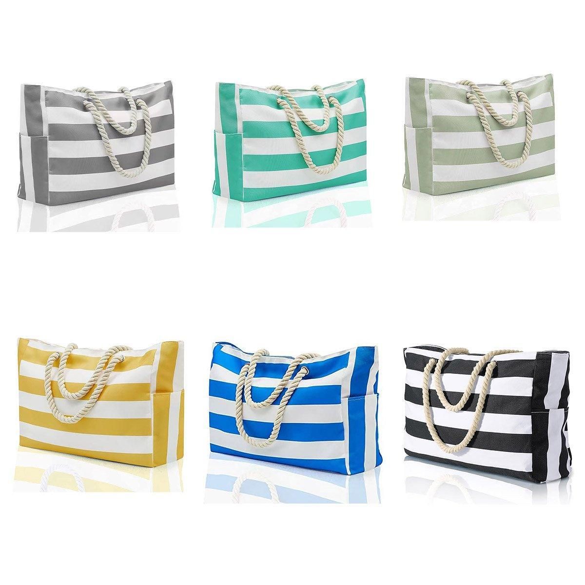 Large Bohemian Striped Canvas Beach Bag Zipper Tote for Travel Outdoor Vacation - Grey