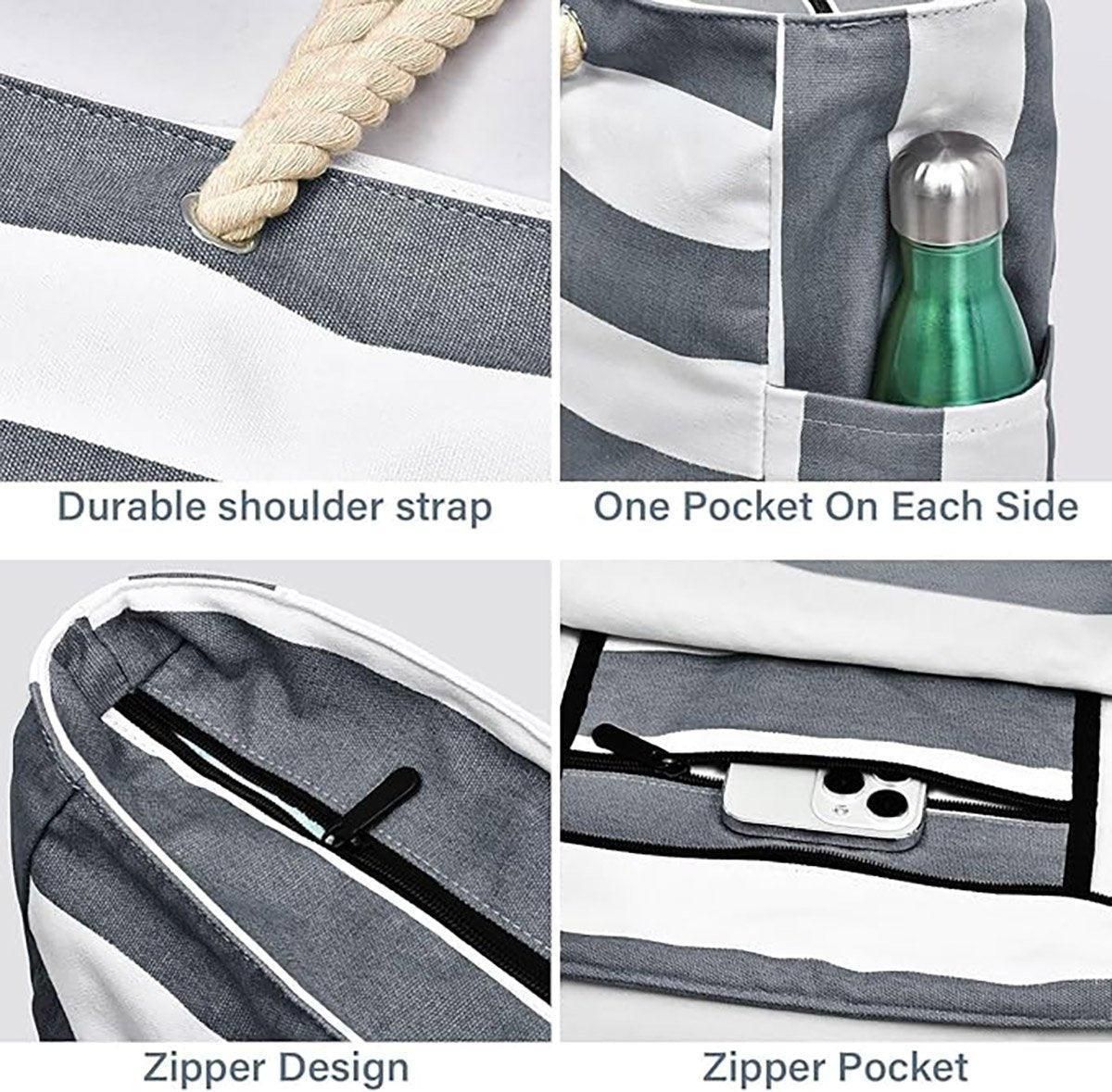 Large Bohemian Striped Canvas Beach Bag Zipper Tote for Travel Outdoor Vacation - Grey