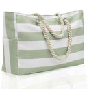 Large Bohemian Striped Canvas Beach Bag Zipper Tote for Travel Outdoor Vacation - Matcha