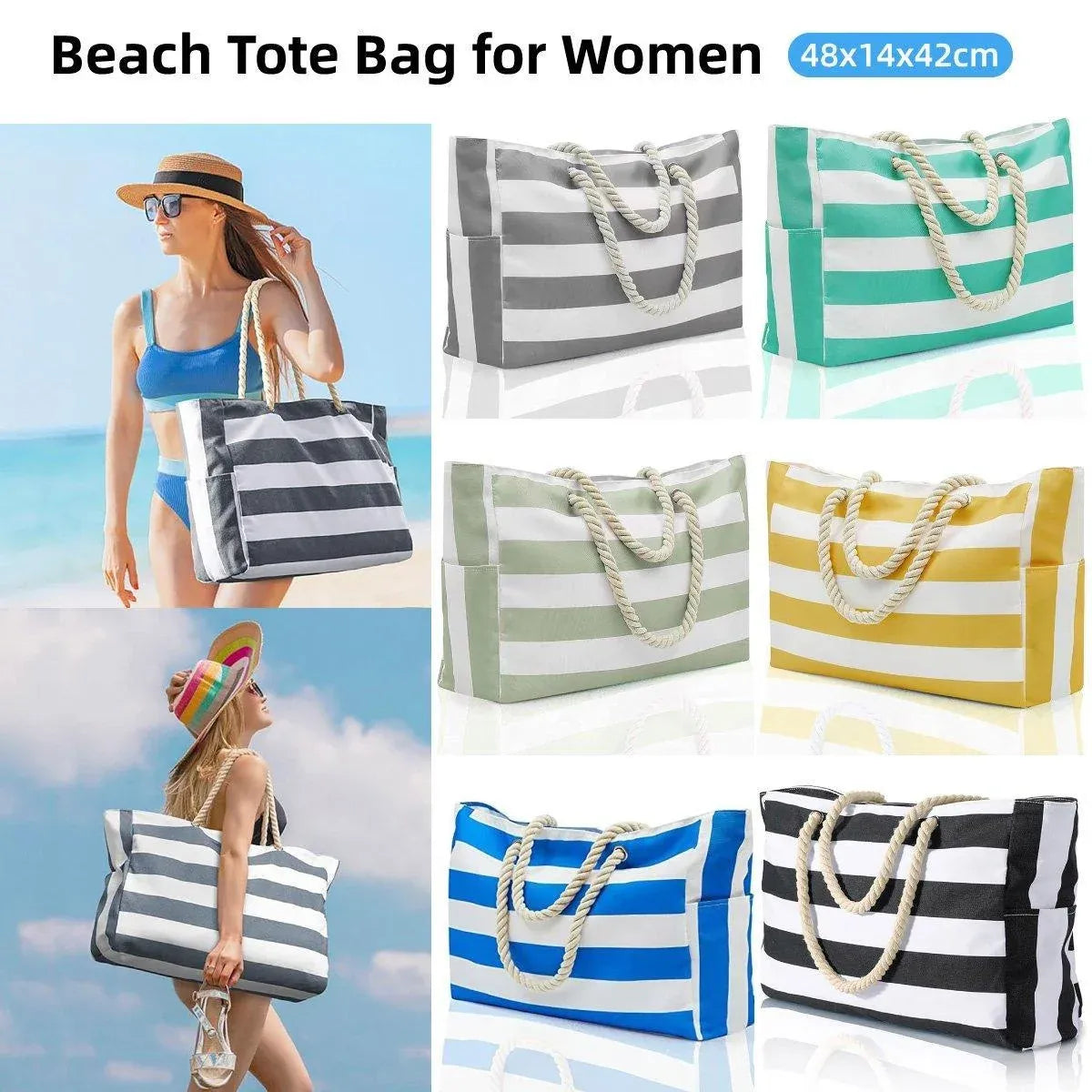 Large Bohemian Striped Canvas Beach Bag Zipper Tote for Travel Outdoor Vacation - Yellow
