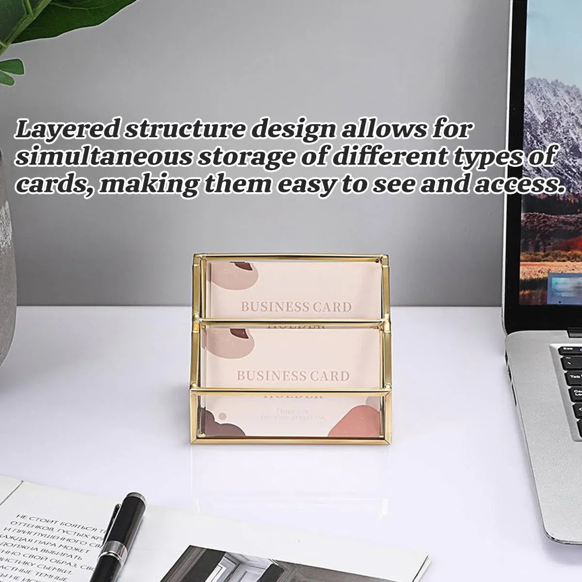 Metal Business Card Holder Desk Display Stand Gold Name Card Organizer 2 Slots