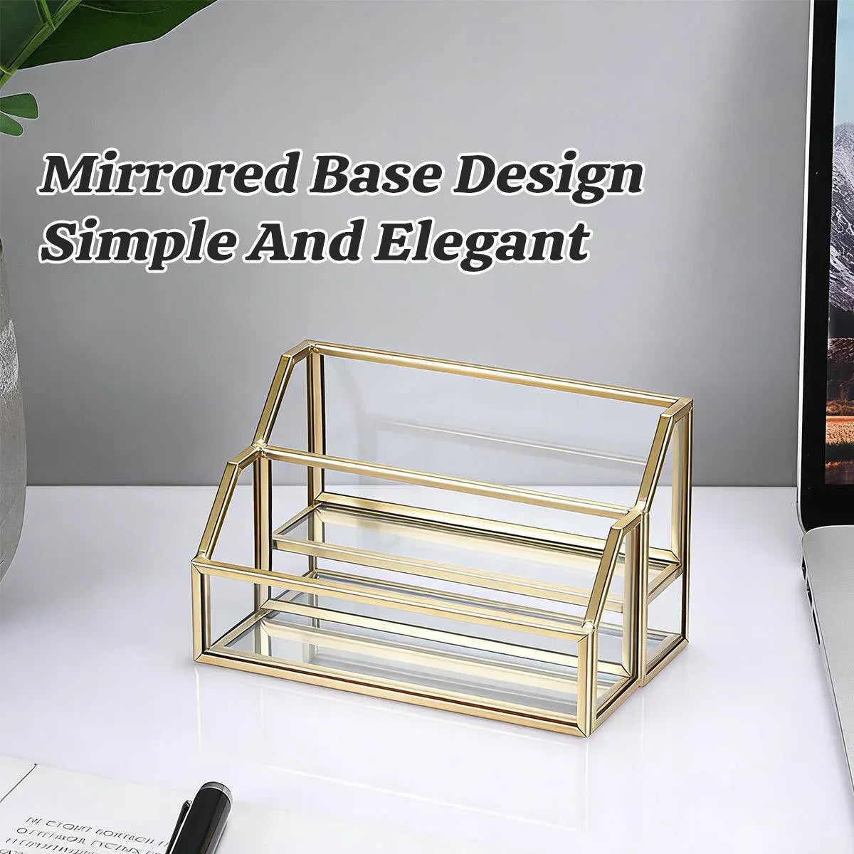 Metal Business Card Holder Desk Display Stand Gold Name Card Organizer 2 Slots
