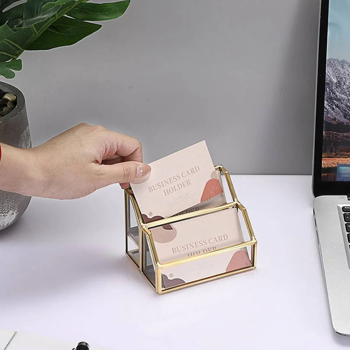 Metal Business Card Holder Desk Display Stand Gold Name Card Organizer 2 Slots