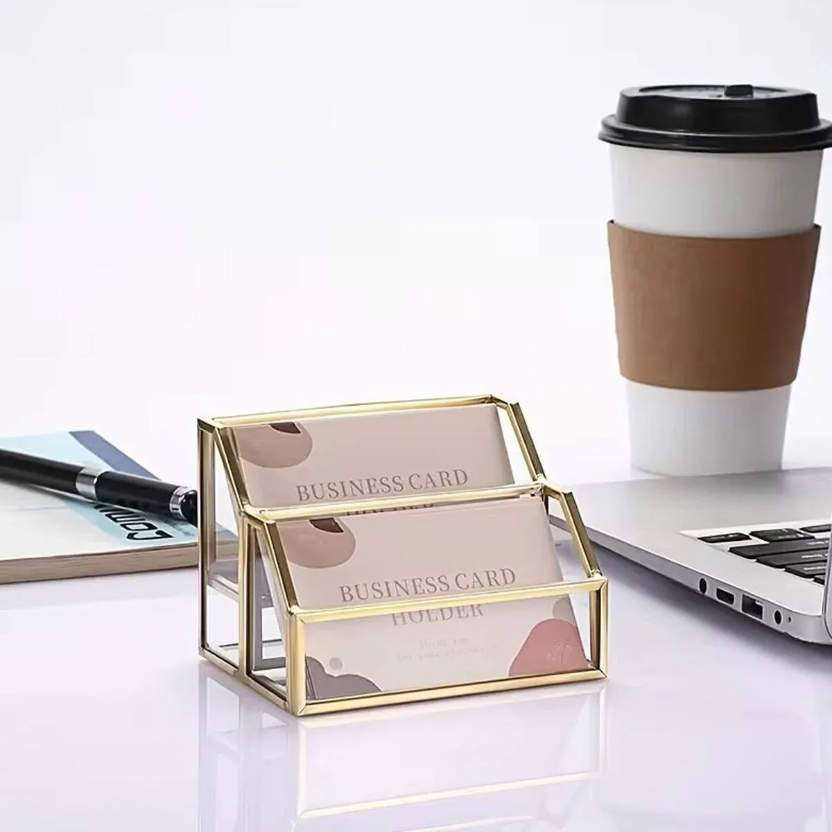Metal Business Card Holder Desk Display Stand Gold Name Card Organizer 2 Slots