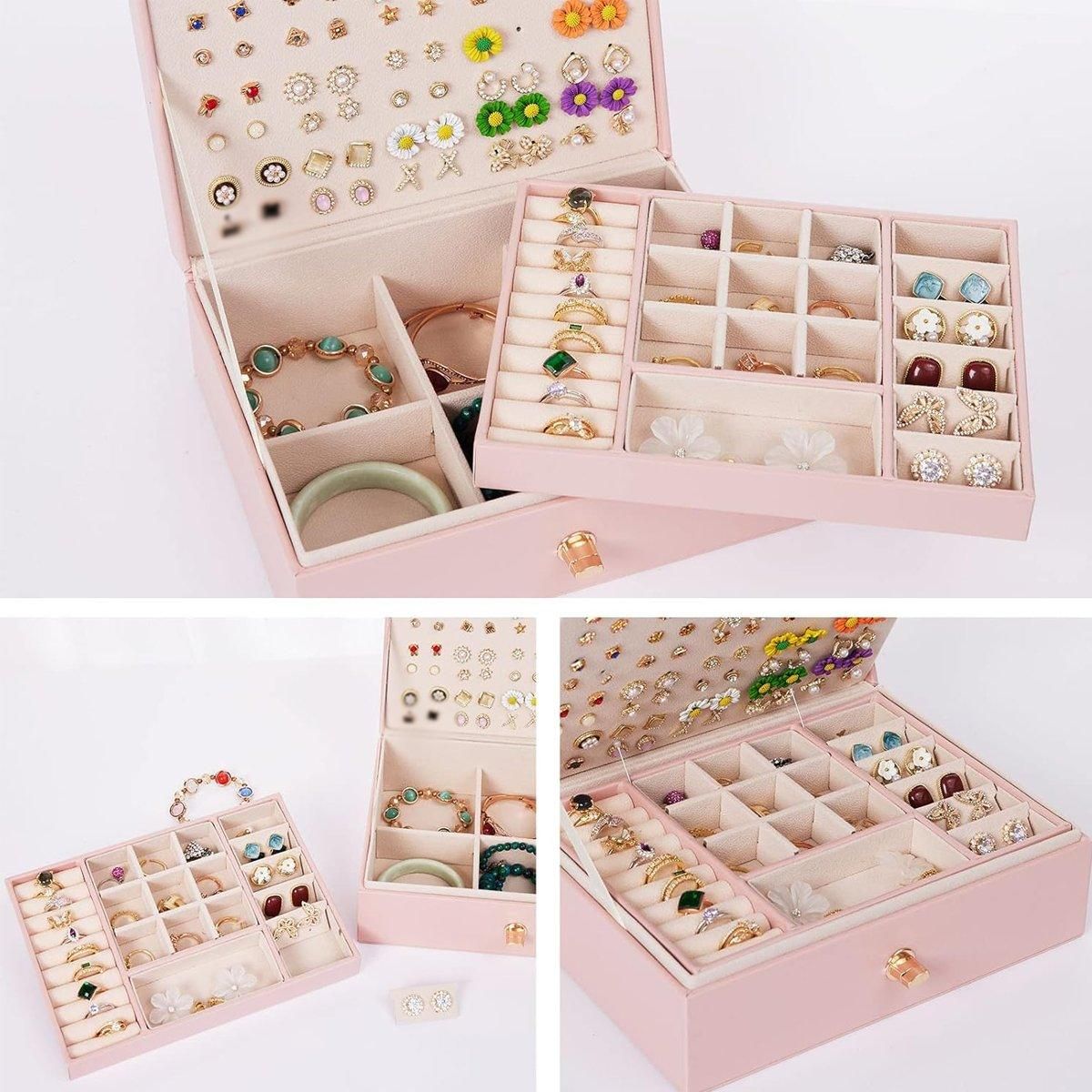 Large Pink Jewellery Box Double Layer Storage Case Organiser for Accessories
