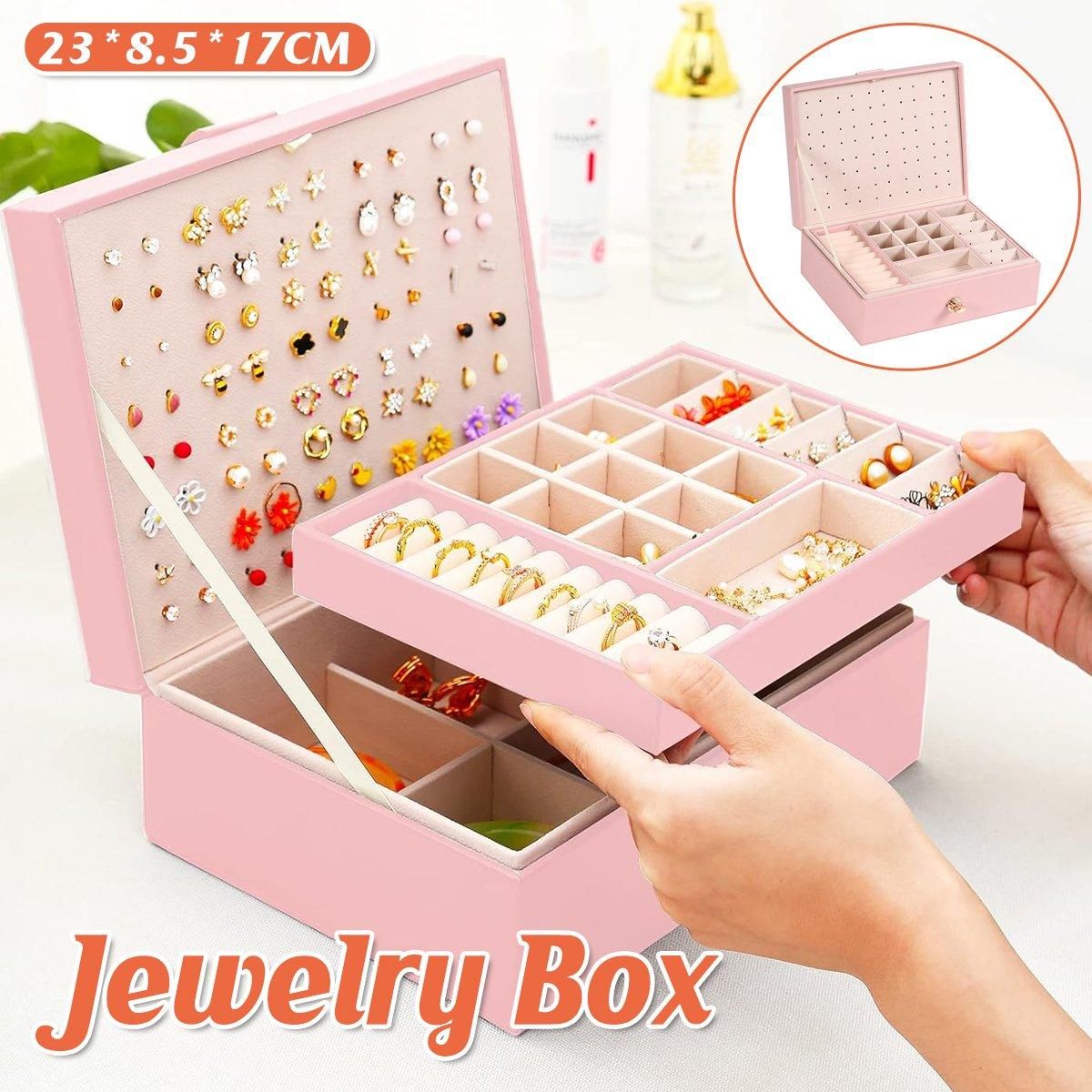 Large Pink Jewellery Box Double Layer Storage Case Organiser for Accessories