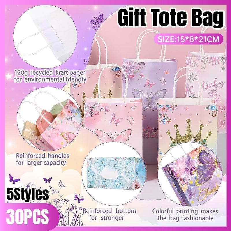 30pcs Pink Romantic Flower Tote Bag Cowhide Paper Elegant Design Gift Bag - Castle