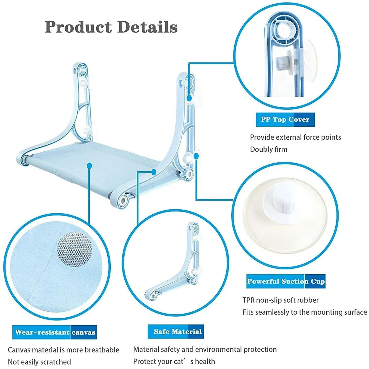 Cat Hammock for Wall Window Glass Suction Cup Style Comfortable Space Saving - Blue