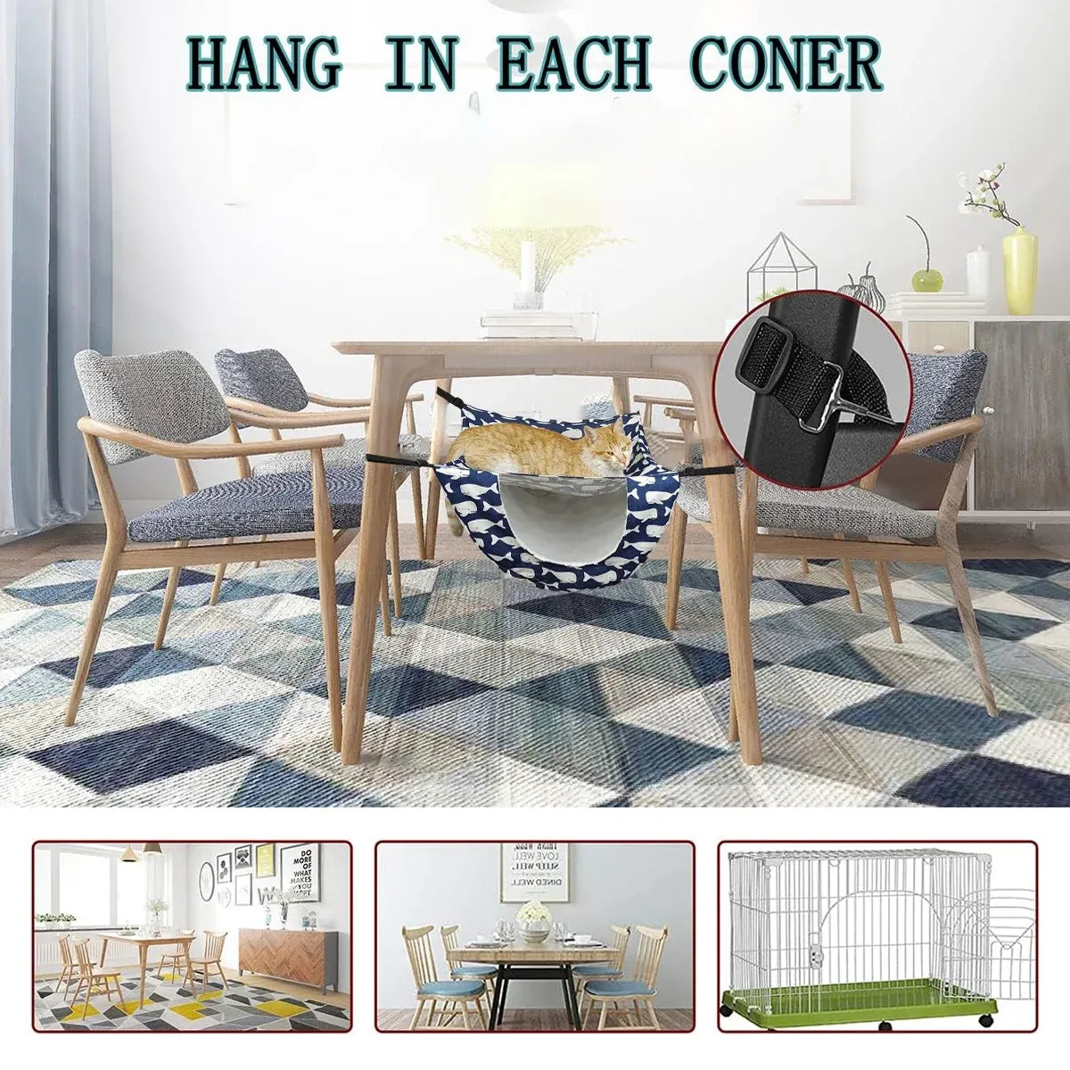 Cat Hammock Hanging Bed Cage Nest Soft Pet House Basket Cat Sleeping Supplies - Sea Blue Checkered