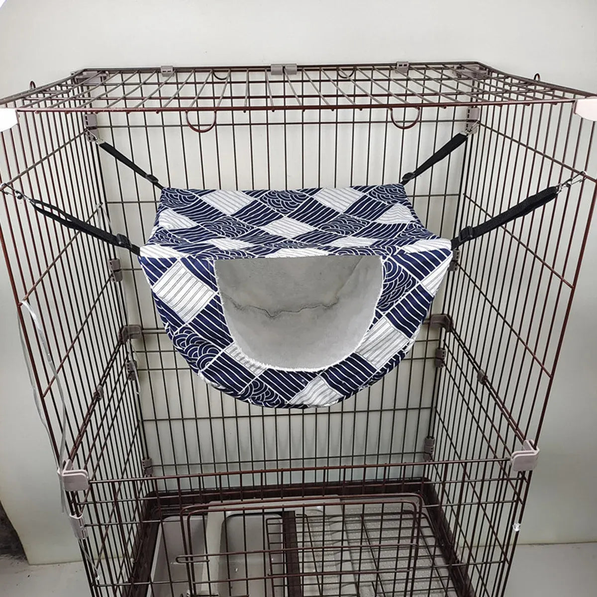Cat Hammock Hanging Bed Cage Nest Soft Pet House Basket Cat Sleeping Supplies - Sea Blue Checkered