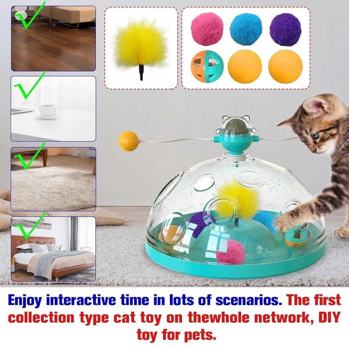 Interactive Windmill Cat Teaser Toy Treasure Box with Stick Fun Play for Pets - Green