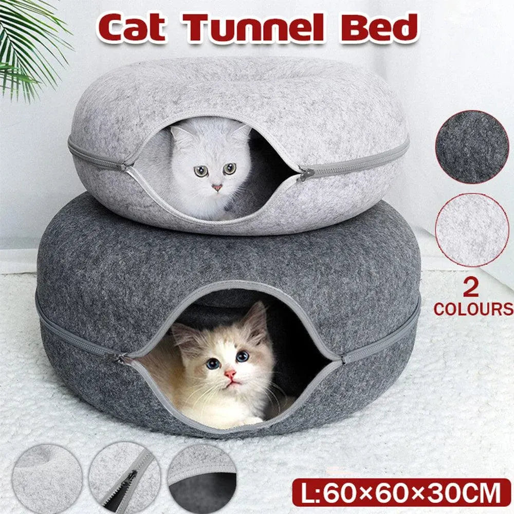 Felt Cat Tunnel Bed Round Donut Cave Nest for Kittens and Small Pets 60x30cm - Dark Grey