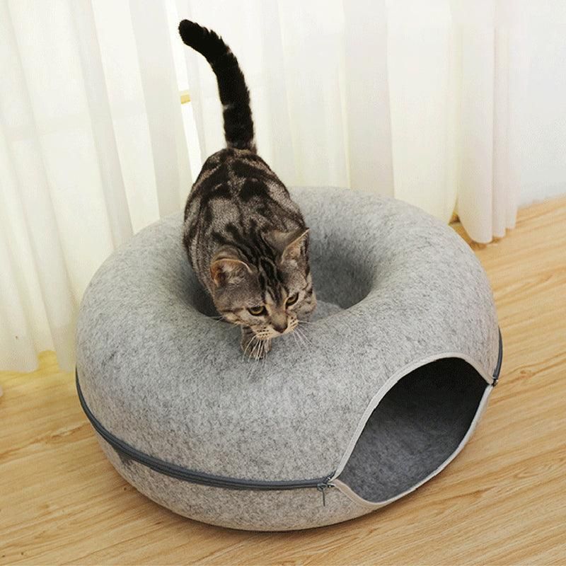 Felt Cat Tunnel Bed Round Donut Cave Nest for Kittens and Small Pets 60x30cm - Light Grey