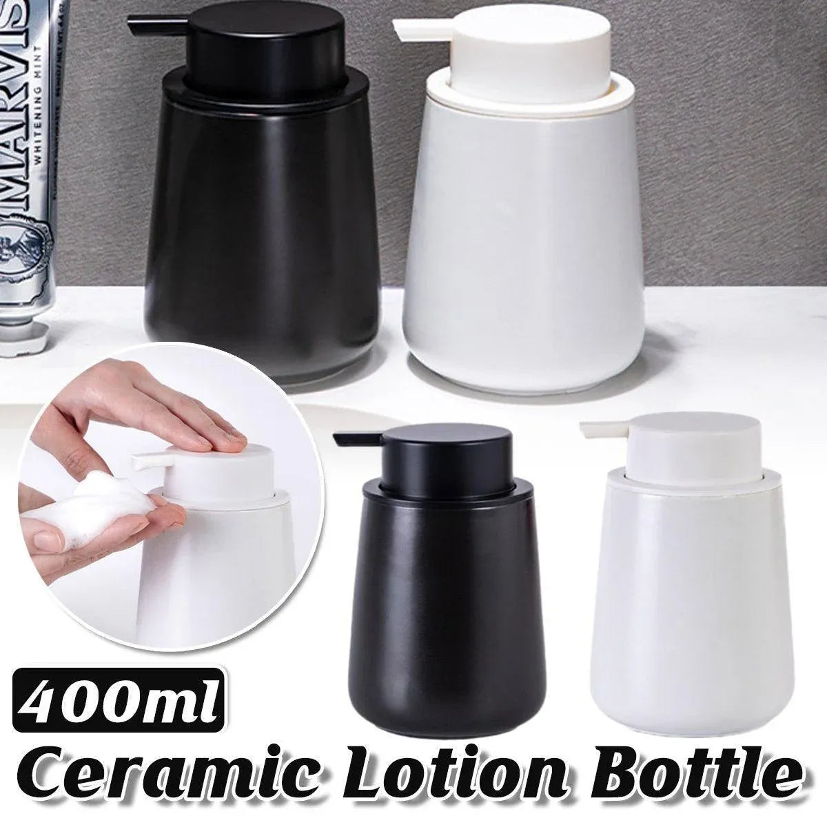 400ML Ceramic Stoneware Soap Dispenser Modern Design Lotion Pump Manual Bathroom - White