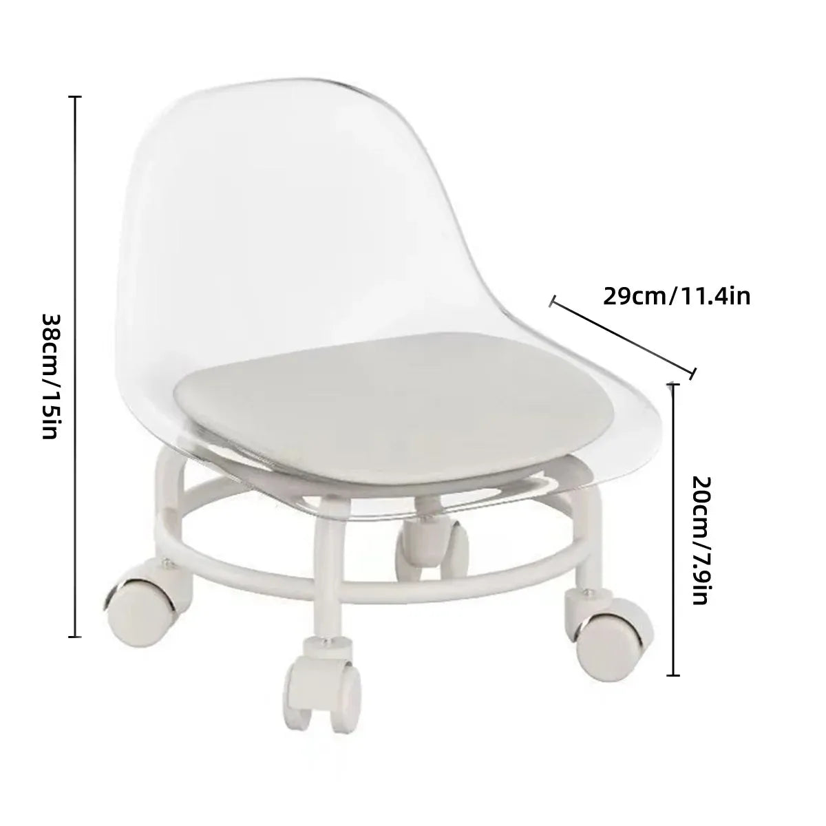 Stool with Universal Wheels Pulley Short Stool with Backrest Comfortable Seat - Grey