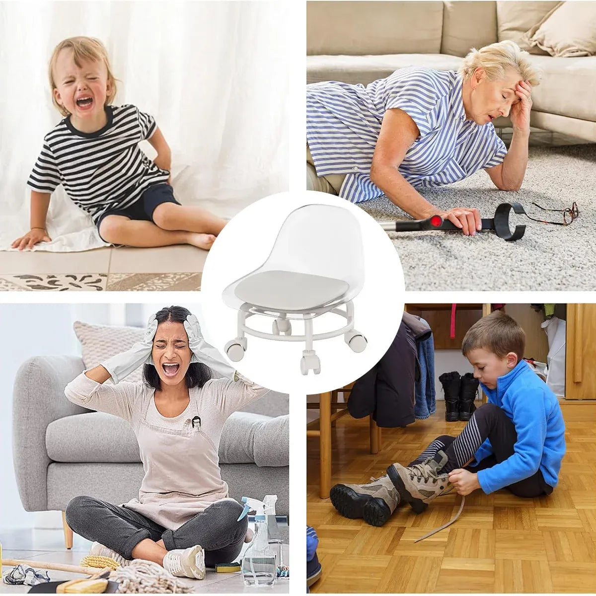 Stool with Universal Wheels Pulley Short Stool with Backrest Comfortable Seat - Grey