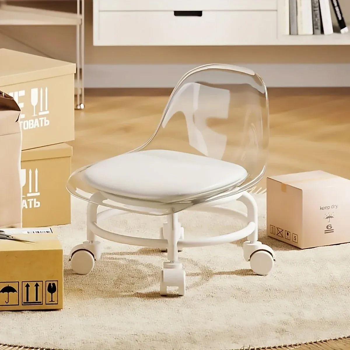 Stool with Universal Wheels Pulley Short Stool with Backrest Comfortable Seat - Grey